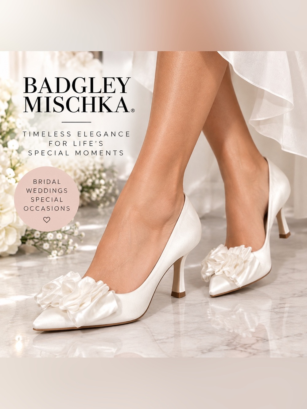 Badgley Mischka White Satin Bow Bridal Wedding Heels Size 6 NWT